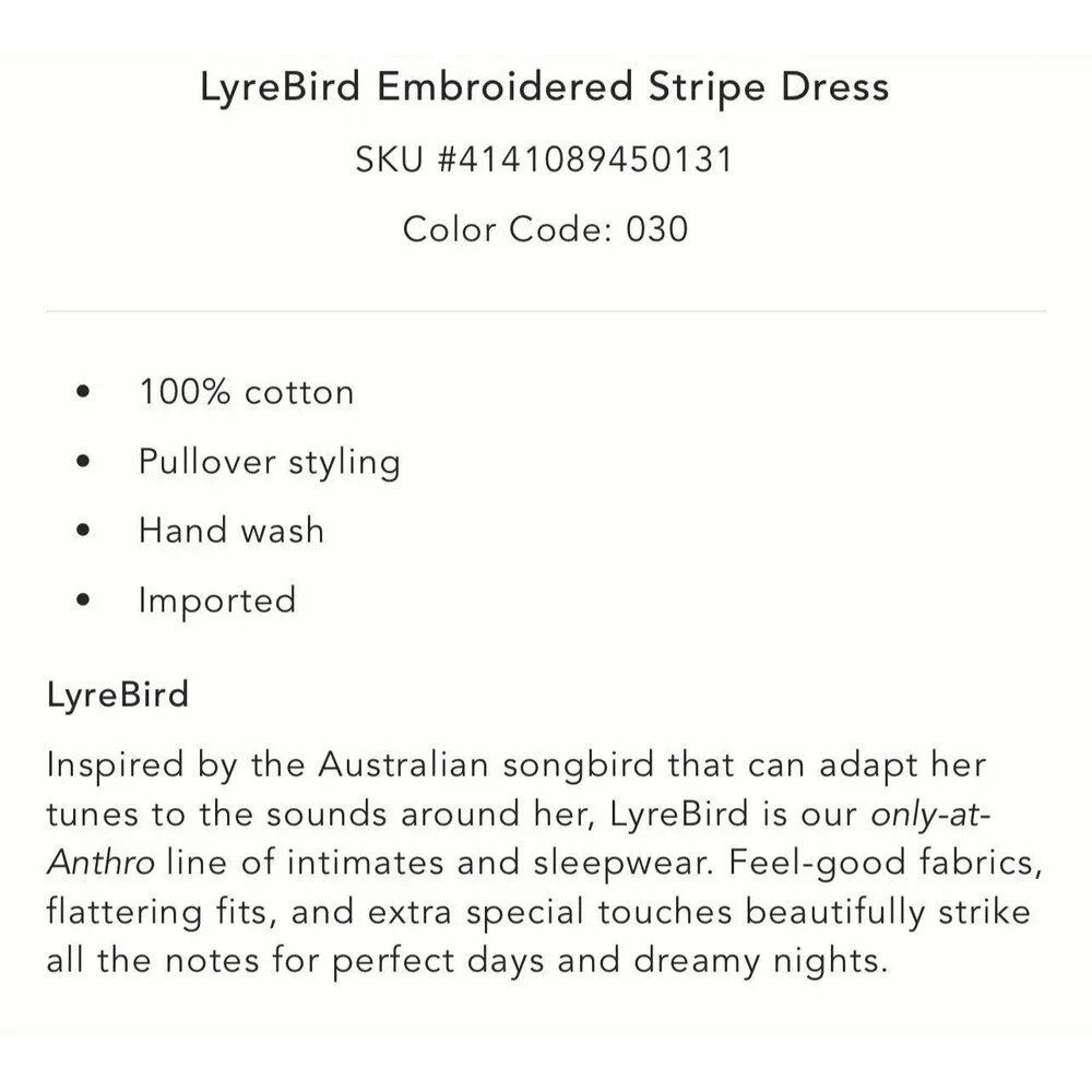 ANTHROPOLOGIE LYREBIRD Women’s New Sleep Dress Embroidered Stripe LARGE Green